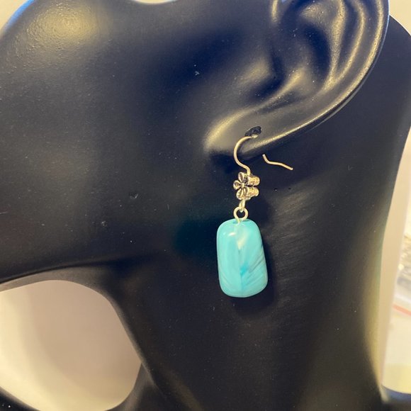 Aqua Turquoise Art Bead Earrings Acrylic Swirl Silver Plated Flowers Boho - Picture 3 of 11